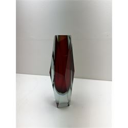 Two Italian Murano Sommerso faceted glass vases, in reds with a core, largest H36cm