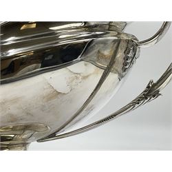 1920s silver twin-handled pedestal bowl, of navette form with twin bifurcated acanthus capped scroll handles, engraved with initial R to body and upon spreading oval foot, hallmarked Hawksworth, Eyre & Co Ltd, Sheffield 1925, including handles H21.8cm
