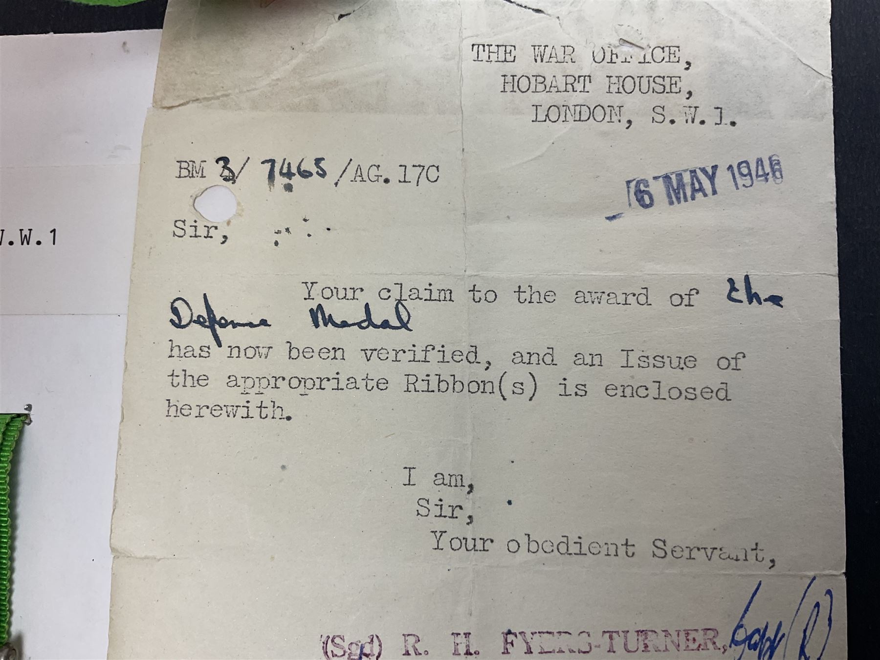 WWI pair of medals comprising British War Medal and Victory Medal awarded to 2nd Lieutenant C.T. Draper; and WWII Defence Medal awarded to Captain C.T. Draper with War Office letter of confirmation; all with ribbons (3)