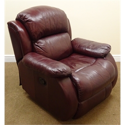  Two seat reclining sofa, upholstered in a maroon leather (W158cm) and a matching armchair (W100cm)  