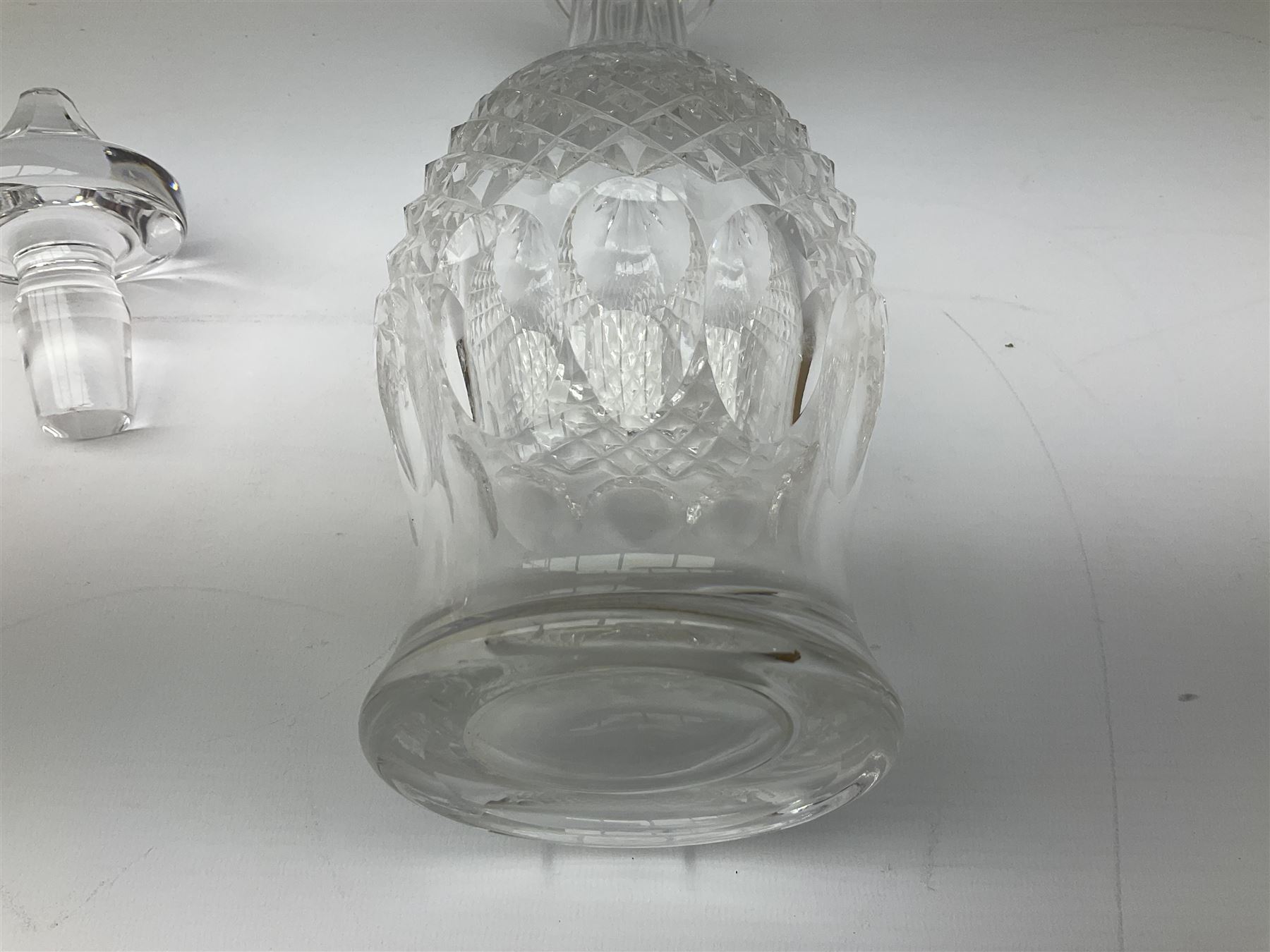 Waterford Crystal Coleen pattern cut glass decanter, together with a set of four plain mallet shaped decanters, and a further decanter of flask form, (6)