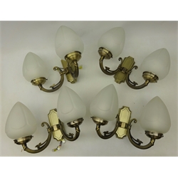 Four metal twin splayed branch wall sconces with frosted pointed glass lightshades and two metal hanging ceiling lights with three branches (a/f) (6)  