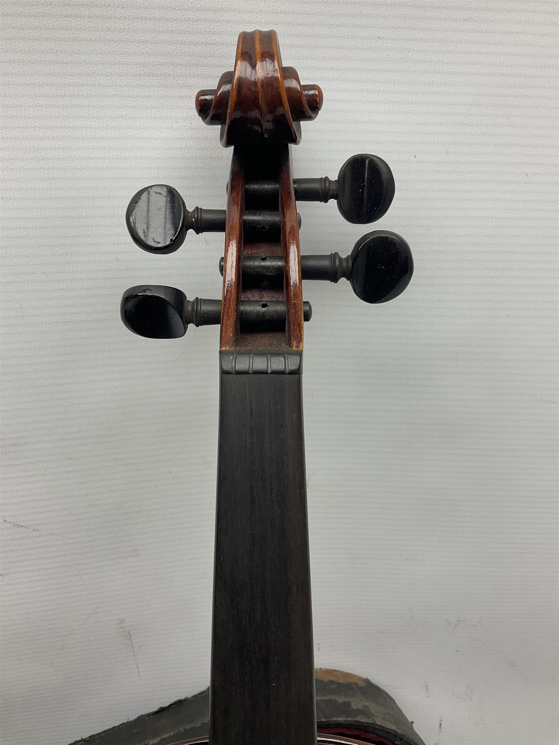 German trade violin 1950s with 36cm two-piece maple back and ribs and spruce top, bears label 'Johann Stainer in Absam prope Oenipontum 1650' L59cm; in carrying case with bow impressed Tourte