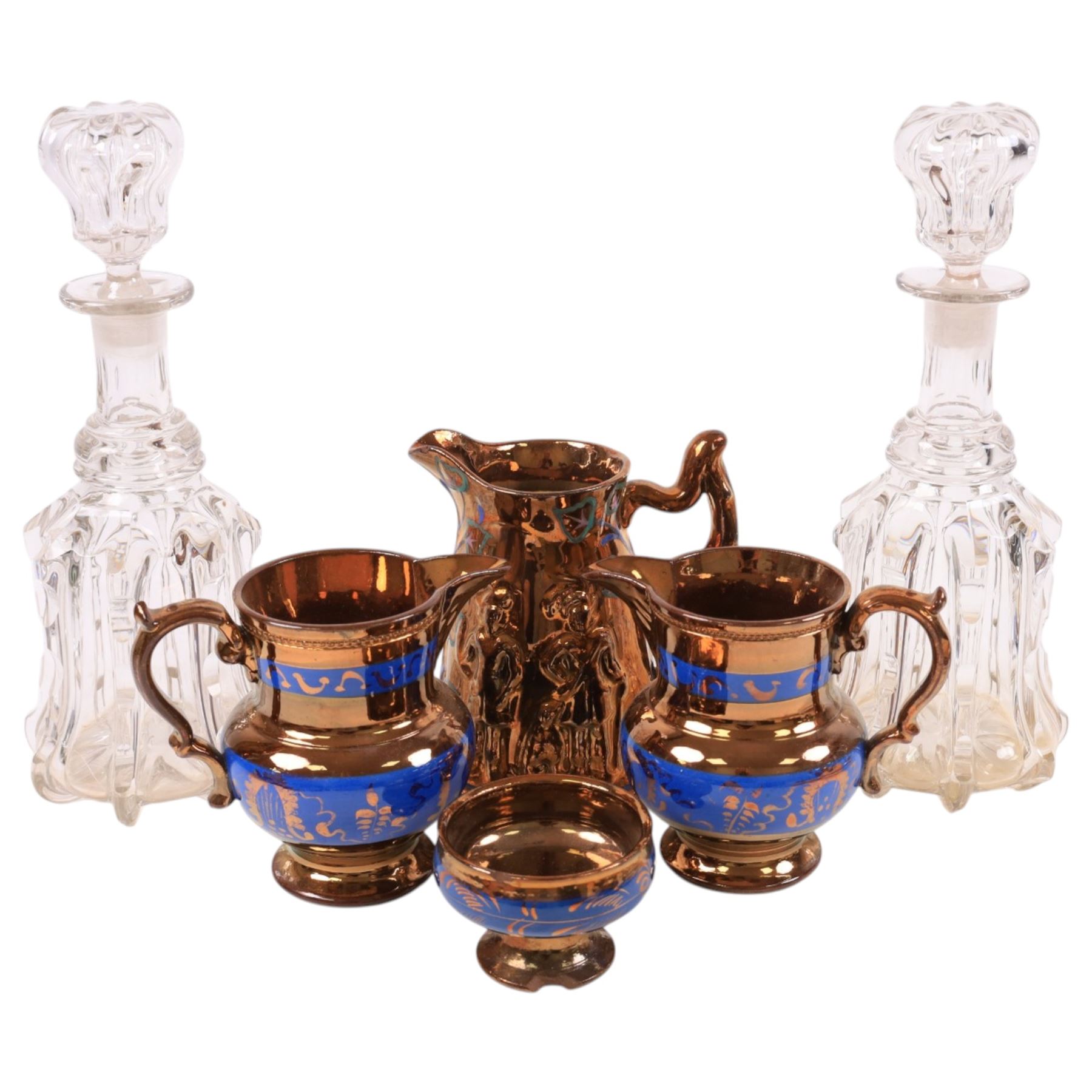 Royal Doulton nursery rhyme trio 'there was a little man, and he had a little gun', pewter coffee pot and tankards, commemorative ware, two mallet decanters, etc