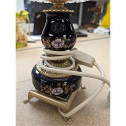 Ceramic table lamp, decorated with florals on a blue ground, with frosted glass shade with glass droplets, with two pin plug
