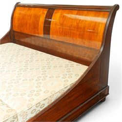 And So To Bed - super king size 'Palais' sleigh bed, with curved headboard and footboard, figured veneer panels, contrasting inlaid-style banding and upholstered base panels