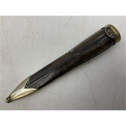 Norwegian staksniv hunting knife with 10cm single-edged steel blade in tooled leather sheath with nickel mounts L23cm overall