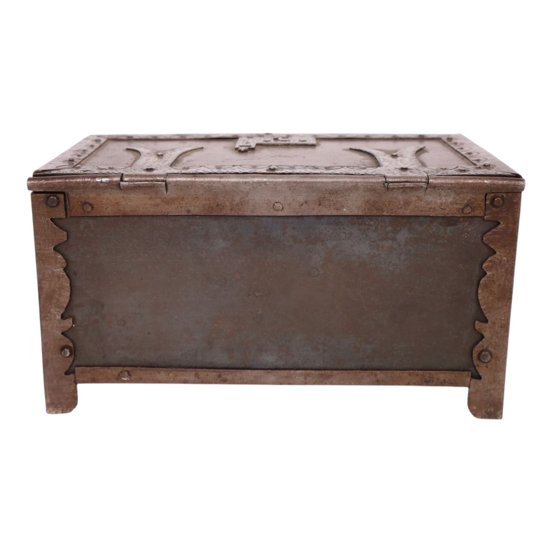 Late 19th/early 20th century vernacular iron box, the hinged cover and sides with applied strapwork decoration, the cover with applied church motif, H11.5cm W22cm D12cm