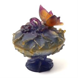 Two Daum Pate de Verre dishes, one with cover, naturalistically formed and decorated with insects and fruit in relief, each etched Daum France to base, both boxed, covered dish H14cm (2)