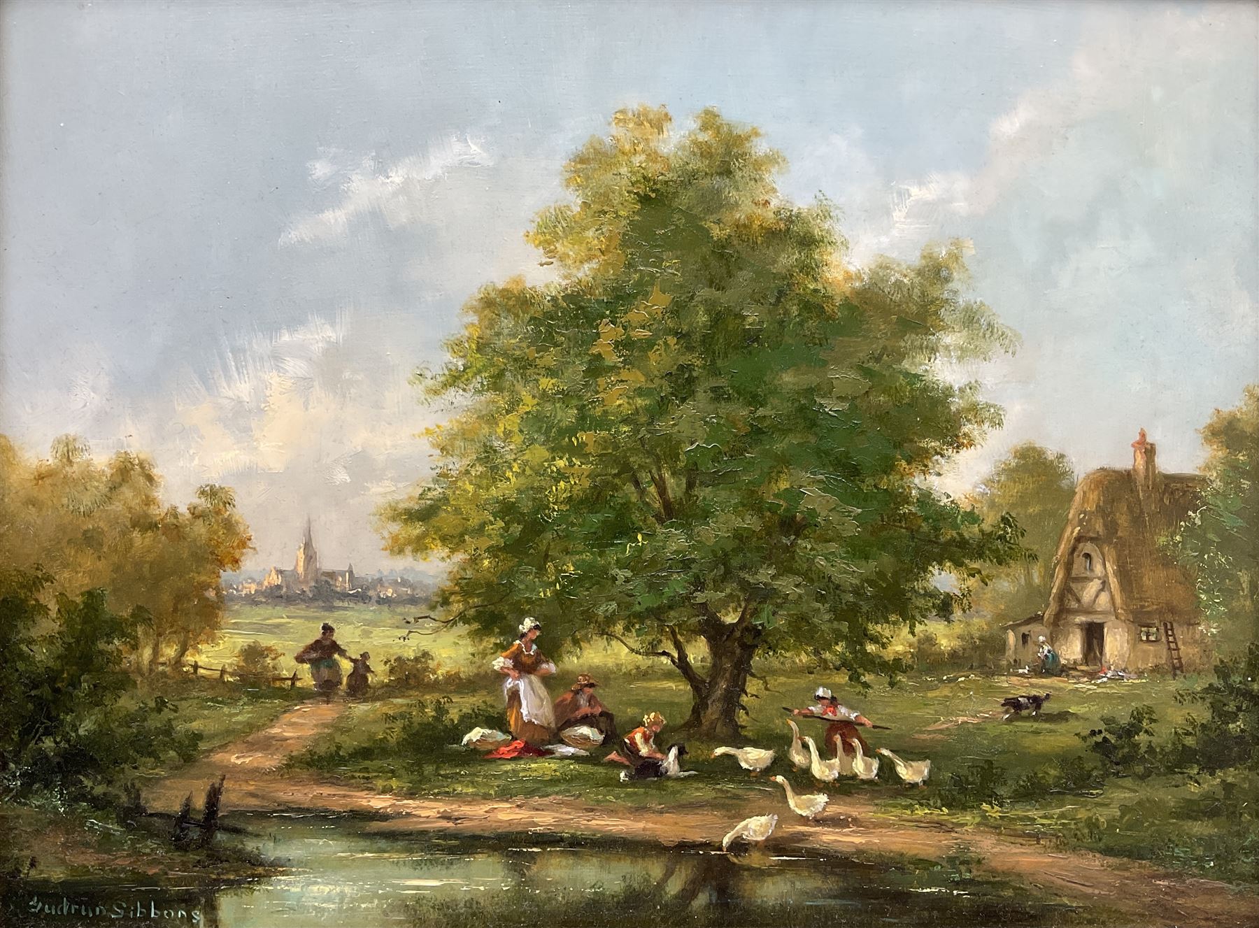 Barbara Gudrun Sibbons (German 1925-): A Meeting by the Wayside, oil on panel signed 40cm x 50cm