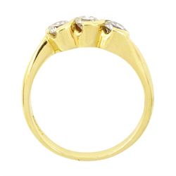 18ct gold diamond three stone ring, half bezel set with round brilliant cut diamonds, London 2002, total diamond weight approx 0.75 carat