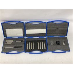 Collection of various clock repair tools and accessories, to include lathe tailstock chocks, optical centre punch, HS tool bit set, digital micrometre, tap and die set, machine vice, allen keys, screw drivers, etc.  