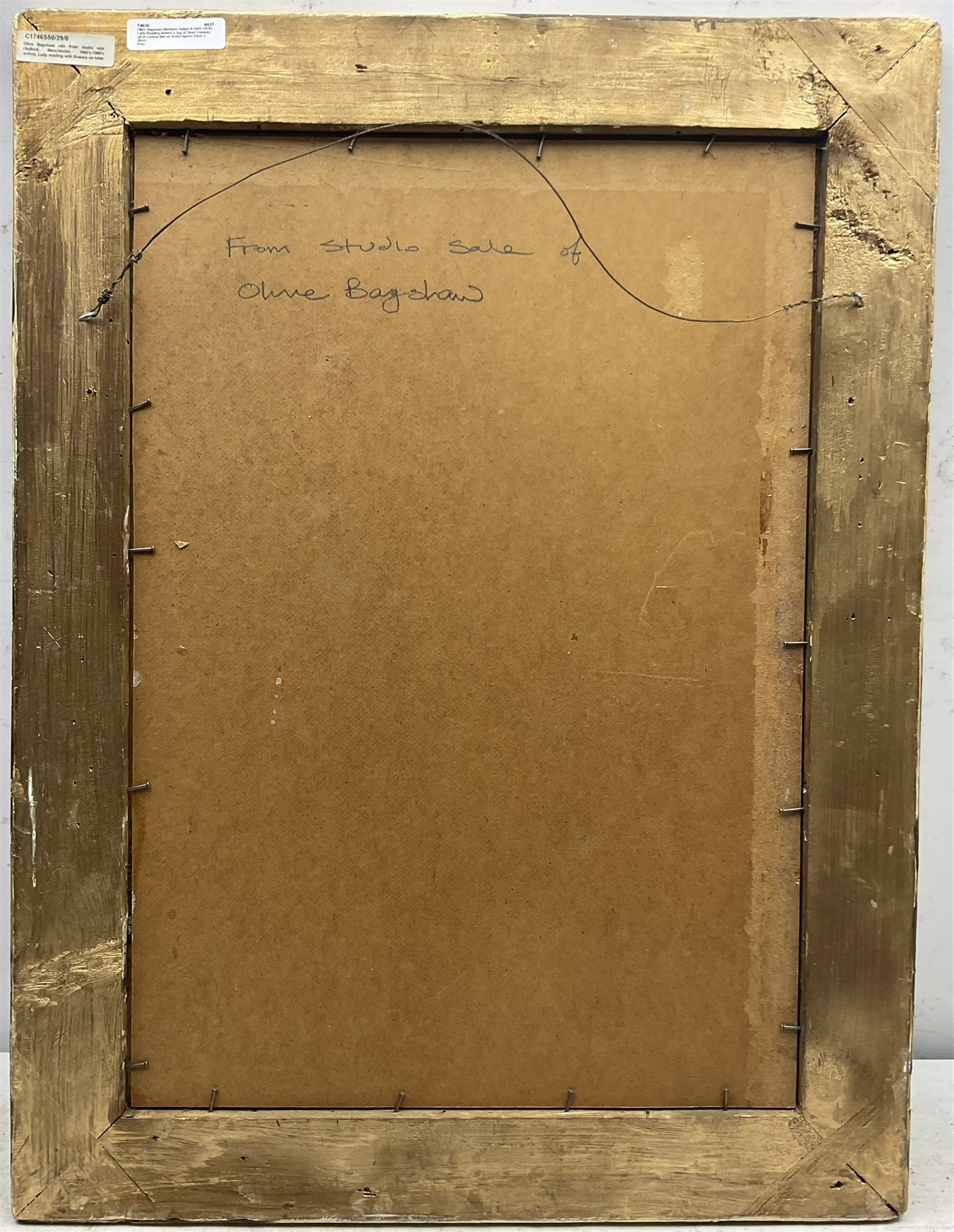 Olive Bagshaw (Northern British fl.1965-1978): Lady Reading behind a Jug of Dried Honesty, oil on canvas laid on board signed 53cm x 36cm 
Provenance: from the Artist's Studio Sale. Miss Bagshaw who was born in Salford, received her formal art training at Salford and Manchester Art School. Her work has been regularly accepted at the Royal Society of Portrait Painters, the Royal Academy and Federation of British Artists (Information from a 1970's Monks Hall Museum and Gallery exhibition catalogue).