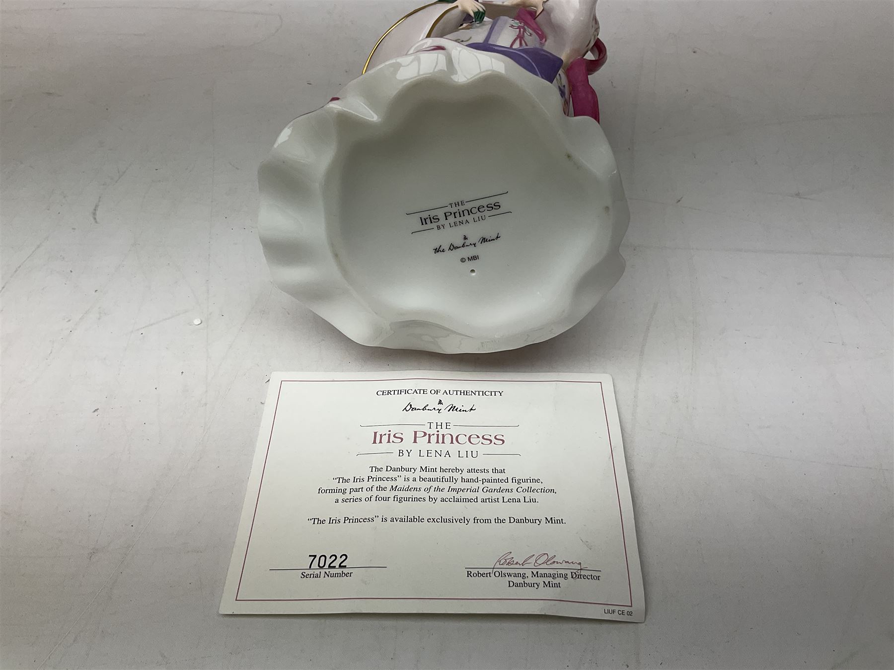 Five Danbury Mint Princess figures by Lena Liu, comprising Harp Princess, Plum Blossom Princess, Chrysanthemum Princess, Rose Princess and Iris Princess, one with certificate, all with marks beneath