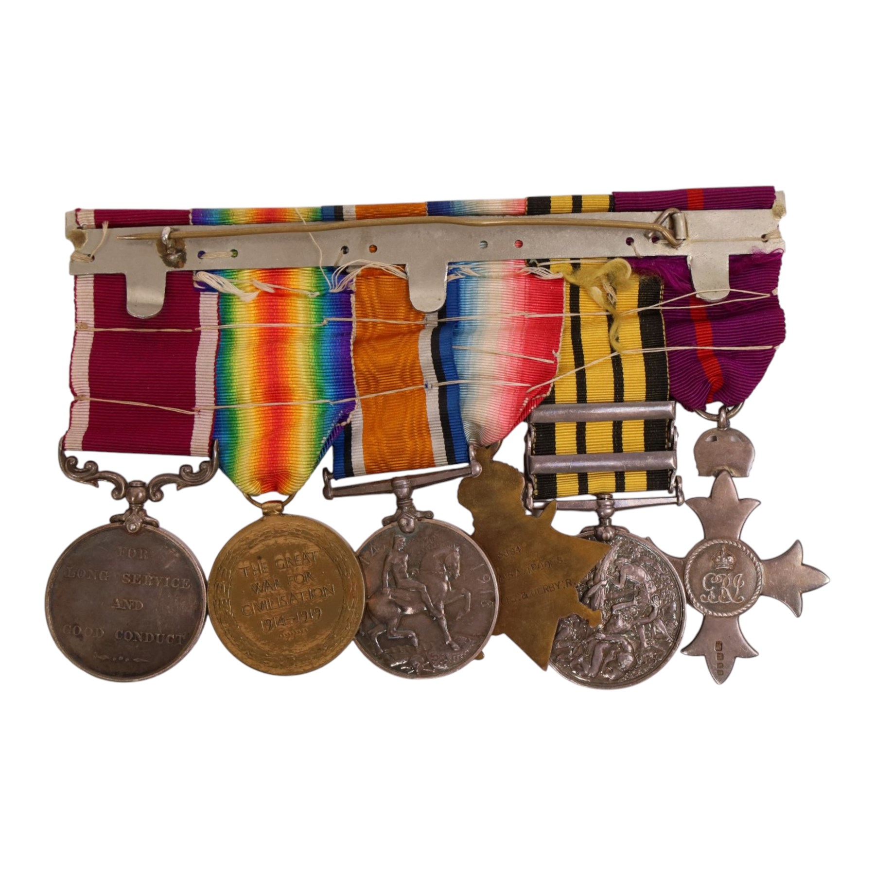 MBE set of six medals, comprising George V MBE, East and West Africa medal with 1898 and 1897-98 clasps, 1914 Star, War medal, Victory medal and Long Service medal, Awarded to 3884 R.S Mjr A Troops Notts & Derby R, with a photograph of British military service man, probably A Troops