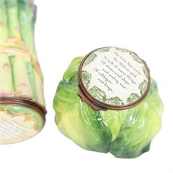 Four Halcyon Days enamel novelty boxes modelled asparagus, onion, garlic and cabbage