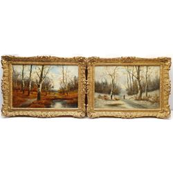 S William (British 19th century): Summer & Winter Woodland Scenes, Figures Gathering Firewood, pair oils on canvas signed 39cm x 59cm (2)  