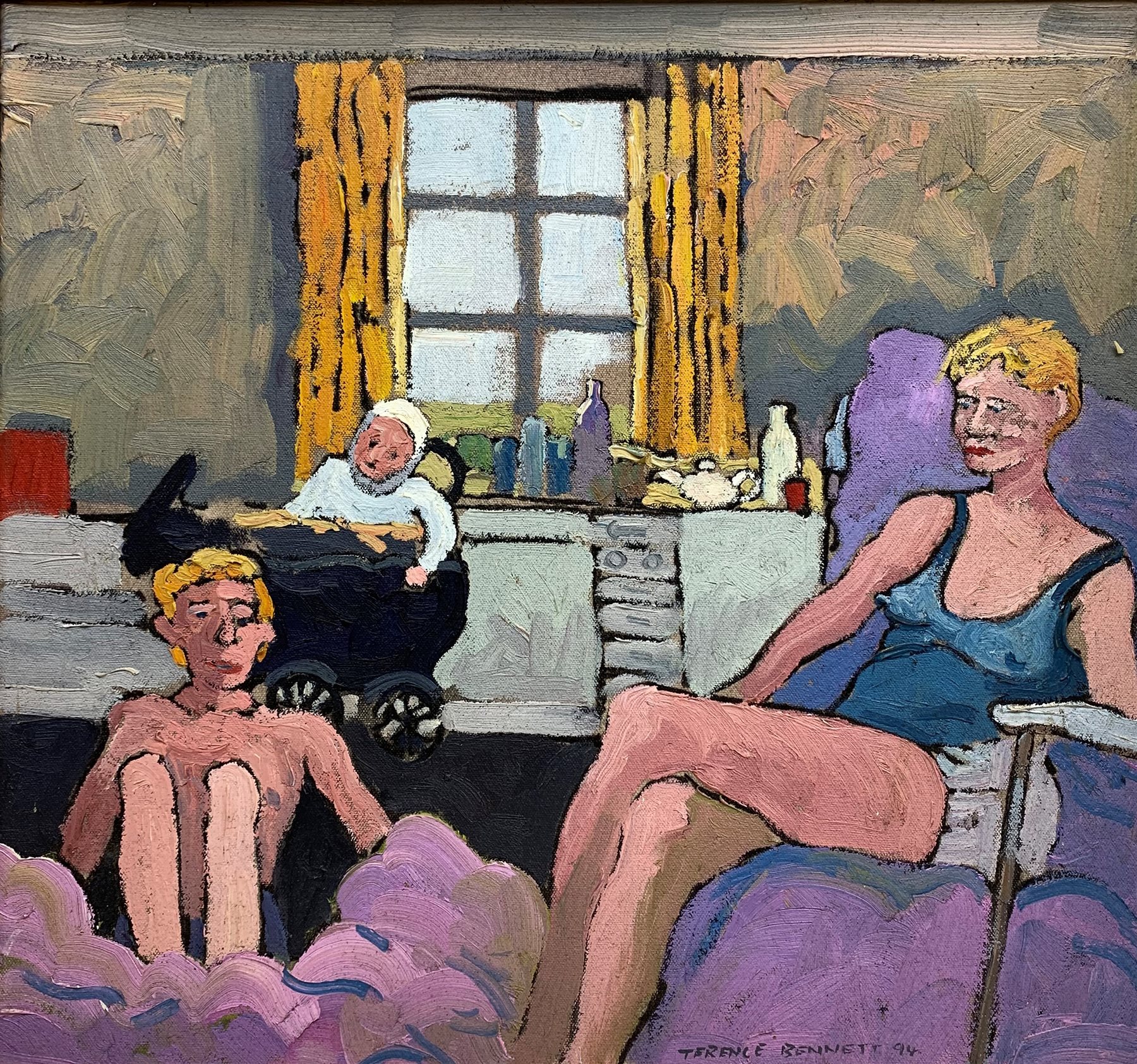 Terence Bennett (Northern British 1935-): Family in the Sitting Room, oil on canvas signed and dated '94, 39cm x 42cm
Notes: Painter and teacher born and lived in Doncaster, attended local art school 1951-56. After National Service taught, giving up teaching in 1971 to paint full time in a mining village near Rotherham. In 1973 gained a Yorkshire Art Fellowship eventually becoming head of art at Thomas Rotherham College Rotherham