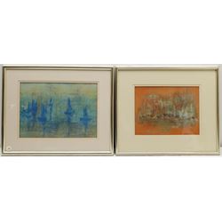 Madeleine Eyland (Belgian/British 1930-2021): 'Blue Boats at Anchor' and 'Blue Dancing Boats', two pastels signed, titled verso 22cm x 30cm and 19cm x 26cm (2) 
Provenance: artist's studio collection. Marie-Madeleine Eyland (neé Legrain) was born in 1930 at Floriffoux, Belgium; she lived most of her life in Scarborough working as a nurse and an artist.