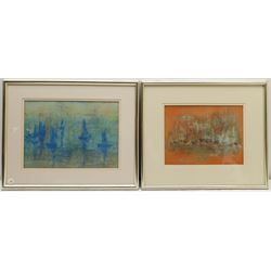Madeleine Eyland (Belgian/British 1930-2021): 'Blue Boats at Anchor' and 'Blue Dancing Boats', two pastels signed, titled verso 22cm x 30cm and 19cm x 26cm (2) 
Provenance: artist's studio collection. Marie-Madeleine Eyland (neé Legrain) was born in 1930 at Floriffoux, Belgium; she lived most of her life in Scarborough working as a nurse and an artist.
