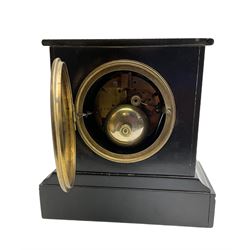 French - mid 19th century 8-day Belgium slate mantle clock in a break-front case with a flat top and varigated green marble inserts to the front, white enamel dial with Roman numerals and moon hands within a decorative glazed bezel, countwheel striking movement striking the hours and half hours on a bell. With pendulum. 