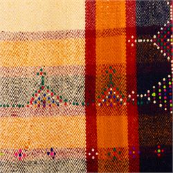 South West Persian Jajim kilim, central ivory field flanked by vertical bands of terracotta orange and dark brown decorated with simple geometric tribal motifs with raised wool pile details, edges finished with small coloured tassels 