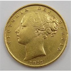 Queen Victoria 1872 gold full sovereign, shield back  