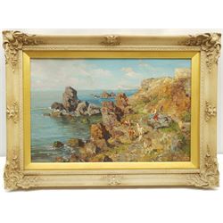 Giuseppe Giardiello (Italian 1877-1920): Girl with Goats on a Rocky Coast, oil on board signed 33cm x 51cm