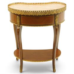 French Louis XV design inlaid kidney-shaped occasional table, the shaped pink marble top with pierced and raised gilt metal gallery edge of egg-and-dart design with swags, fitted with central drawer with a pastoral scene to facia, flanked by gilt metal mounts, raised on cabriole supports united by shaped undertier 