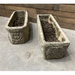 Ornate cast stone rectangular garden planter, lion mask and swag detail, and s similar planter (2)