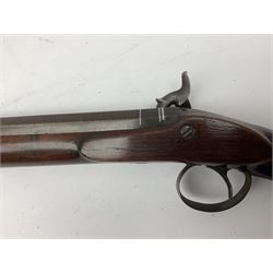 19th century Sturman of Barnsley civilian 16-bore single barrel shotgun, flintlock converted to percussion cap, with 74cm browned stub twist damascus octagonal to round barrel,  ramrod under with worm screw, walnut stock with chequered grip and steel furniture with pineapple finial L118cm overall