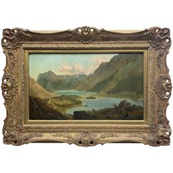 James Roberts of Leeds (British 1837-1909): 'Crummock & Buttermere' Lake District, oil on board signed and titled verso 25cm x 43cm
Notes: Roberts a neglected Yorkshire artist, exhibited eight works at the Royal Society of British Artists in Suffolk Street London. A member of the Ipswich Art Club 1889-1891 and in 1889 he exhibited five pictures from 11 Park View, Potternewton, an area of Leeds.
