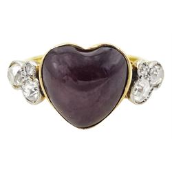 Early 20th century gold heart cut garnet and six stone old cut diamond ring, stamped 18ct, total diamond weight approx 0.50 carat