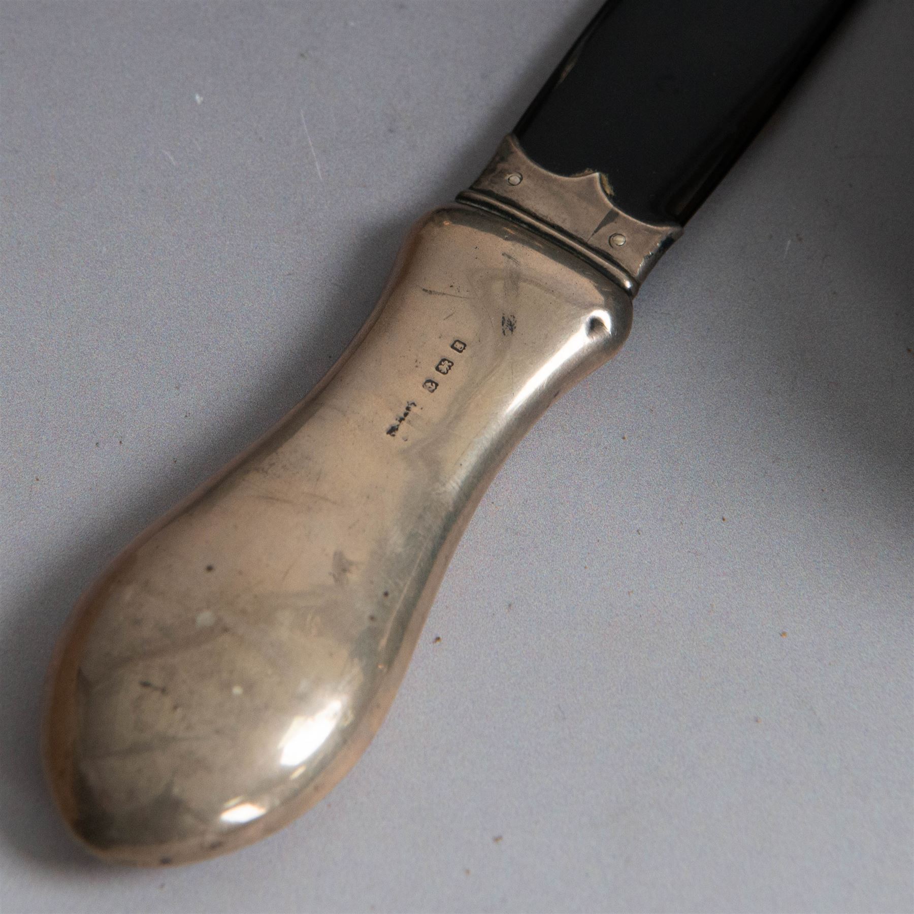 Edwardian tortoiseshell page turner with silver handle, hallmarked Birmingham 1906, maker's mark worn and indistinct, together with a pair of Edwardian silver mounted horsehair brushes engraved with monogram, and two faceted glass jars with silver lids and applied initial N to covers, all hallmarked 