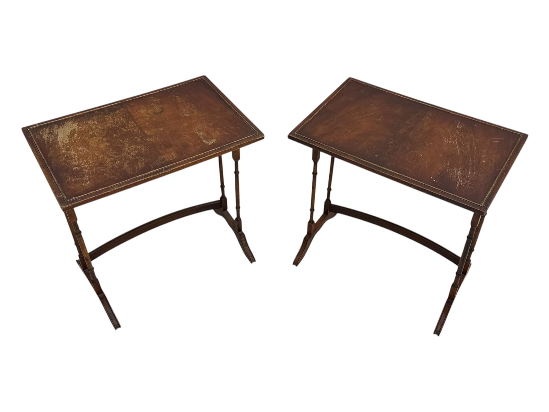 Pair of early 20th century mahogany side tables, each with rectangular tops, raised on turned supports joined by curved stretchers, terminating in splayed feet; mahogany fire screen, rectangular frame housing needlepoint floral panel, on shaped supports (3)