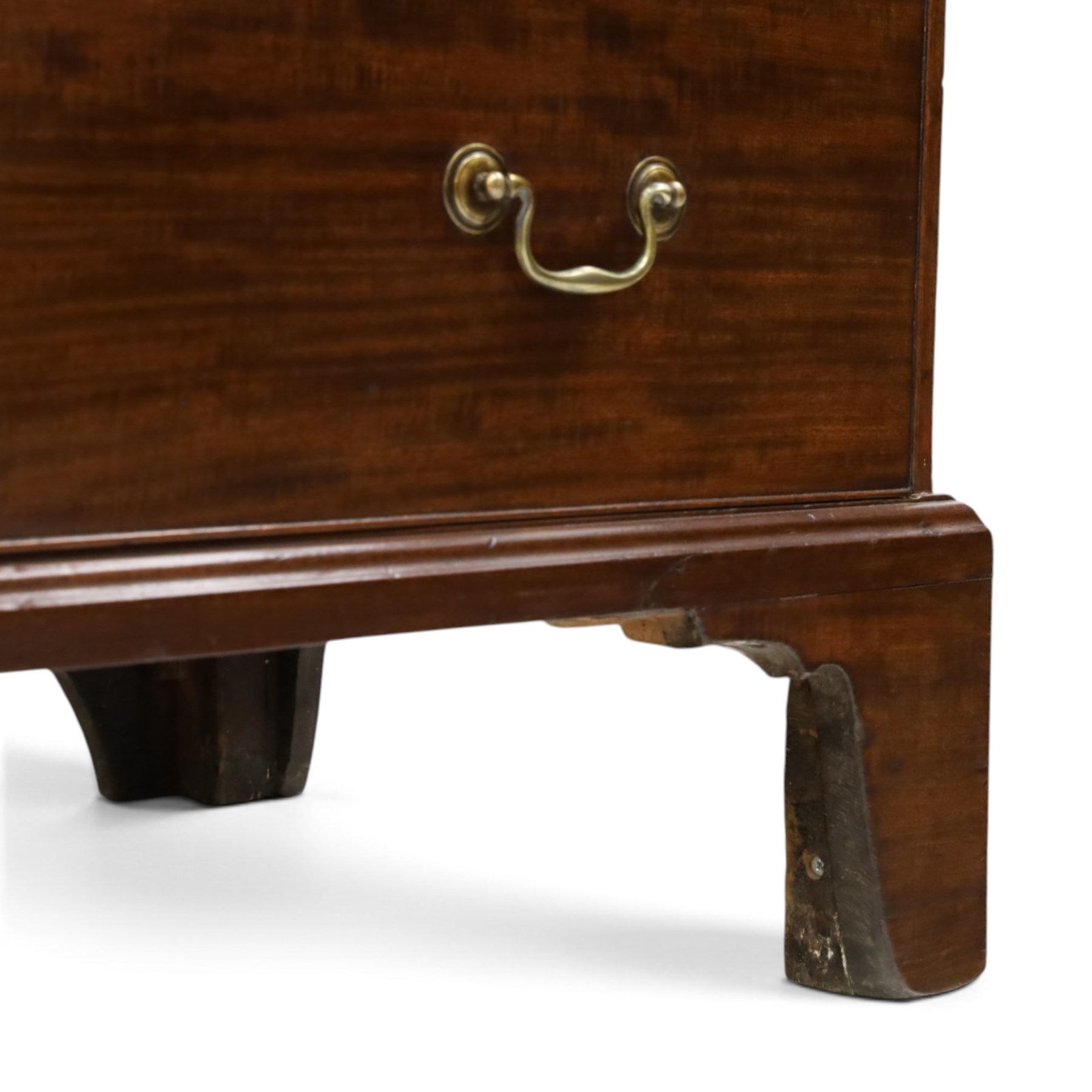 Late 18th century George III mahogany secretaire chest-on-chest, dentil cornice over banded frieze, the top section fitted with three short cock-beaded drawers over three long flanked by chamfered uprights, the base with initial secretaire drawer - fall-front enclosing fitted interior with button-release, correspondence drawers and pigeonholes, over two long drawers with brass swan-neck handles and bracket feet
