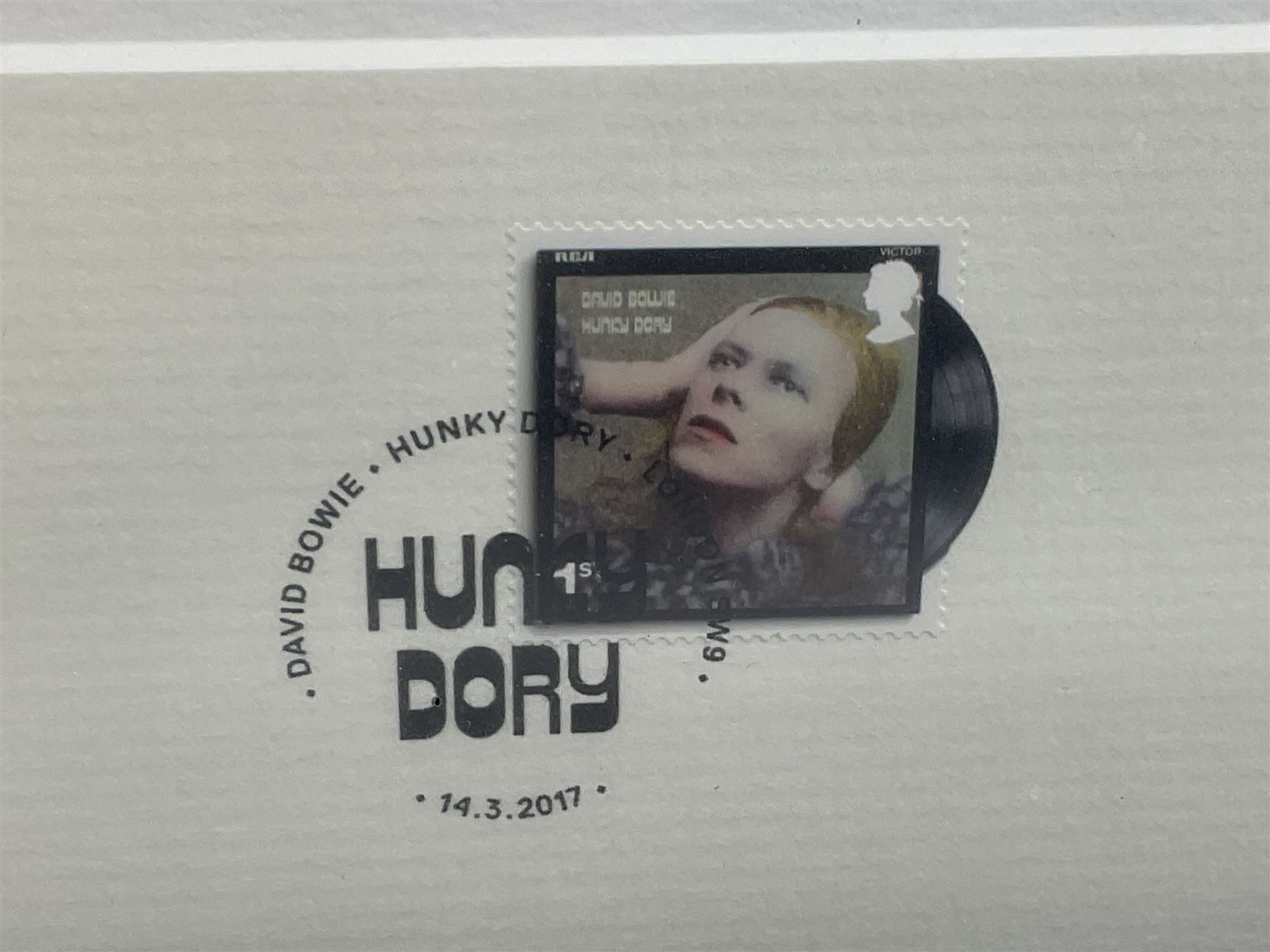 Set of three Royal Mail David Bowie limited edition album stamp prints, comprising  Ziggy Stardust Tour, Hunky Dory and Earthling, all framed and in original packaging, H43cm W43cm