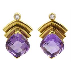 Pair of 18ct gold amethyst and round brilliant cut diamond earrings, hallmarked