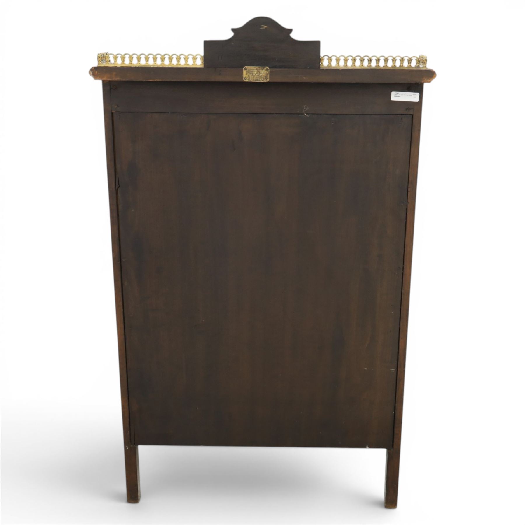Druce & Co - Edwardian inlaid cabinet, galleried topwith inlay and brass galleried top, inlaid frieze above twin bevel glazed doors revealing a shelved interior, the lower section with fall front cupboard