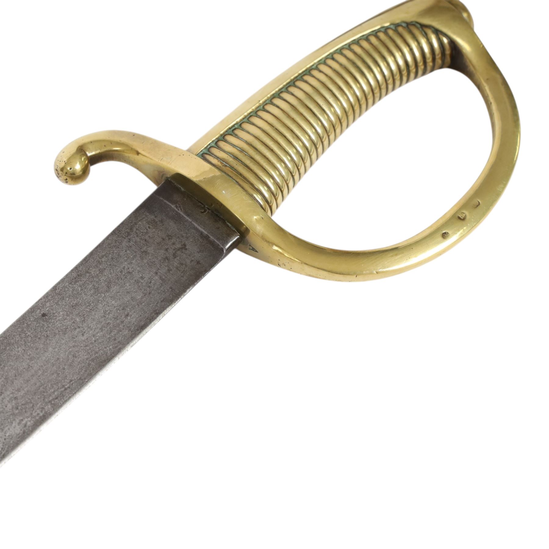 19th Century Grenadier Briquet short sabre sword, 59cm curved blade, brass ribbed grip and D shaped knuckle guard, overall L74cm