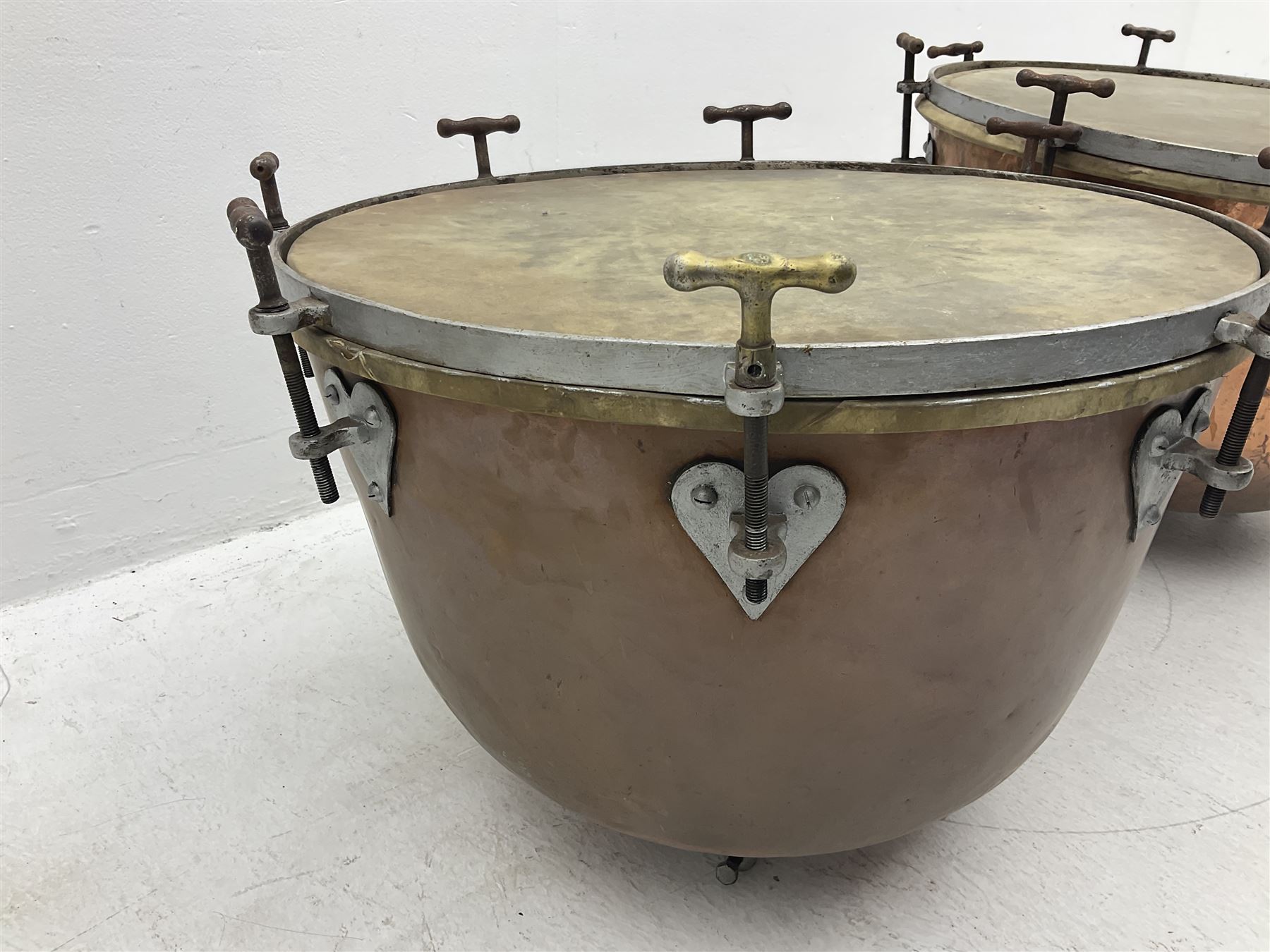 Pair of vintage copper timpani drums D65cm H46cm (2)