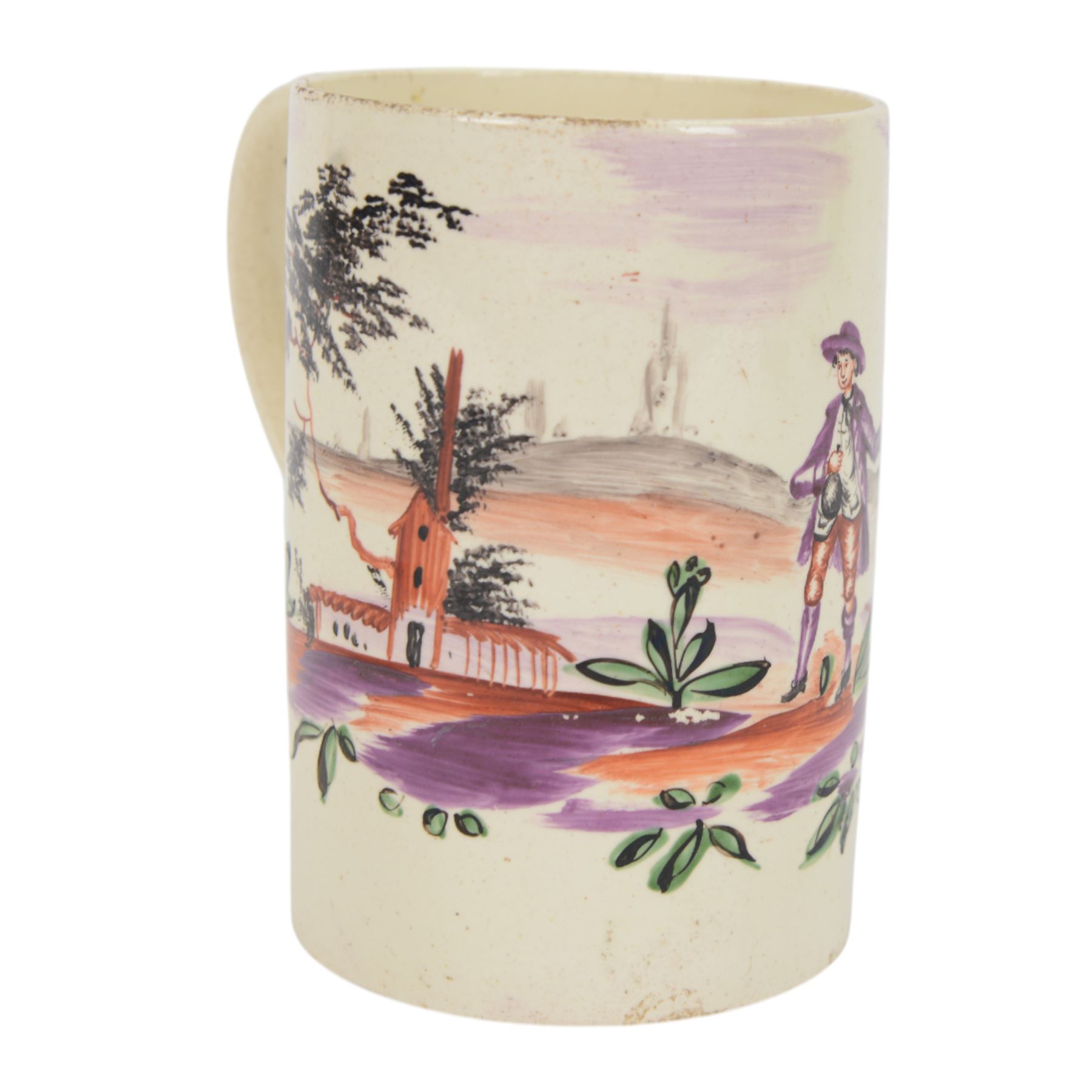 18th century Leeds creamware mug, circa 1770, of cylindrical form with curved strap handle, painted in purple, red and green with a peasant toasting with a glass of ale within a bucolic setting, H12.5cm