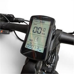 Cyrusher XF690 Plus - electric fat tyre bicycle, 250W model, with suspension forks, disc brakes, rear pannier bag and blue and black finish.