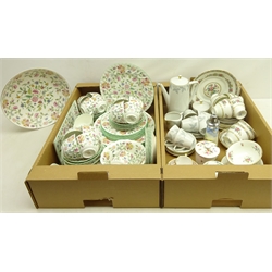  Minton 'Haddon Hall' dinner and tea ware for six persons, plus extra cups & saucers, large fruit bowl, sandwich tray etc, Minton 'Marlow' preserve jar and two soup bowls, Spode 'Regent' coffee can & saucer, Coalport & Seltmann part coffee & teaware etc in two boxes  