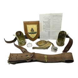 British Army Sam Brown leather belt with Turkish markings; New Zealand Land Forces officer's commission certificate dated 1919; WWII small pair of trench art brass helmet shaped scuttles; and other items