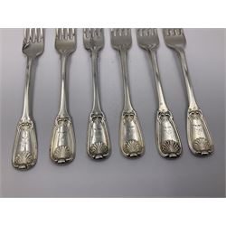 George IV Scottish silver Kings pattern cutlery for six place settings, to include table spoons, table forks, dessert spoons and dessert forks, all engraved with shamrock crest to terminal, hallmarked Robert Gray & Son, Glasgow 1833