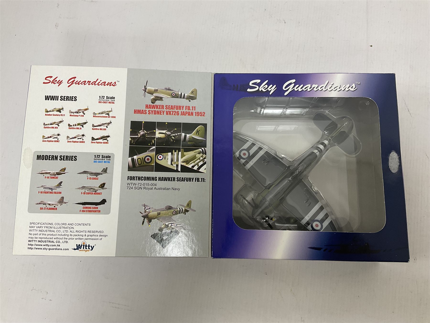 Four 1:72 scale model airplanes comprising Skyguardians ‘Hawker Seafury’ models RAF WH589, two 805 Sqn VX730 HMS Sydney Korea and HMAS Sydney VX726 Japan 1952; all in original boxes (4)