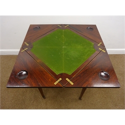  Edwardian inlaid rosewood envelope card table, four sectional folding told enclosing green baize interior, square tapering supports on castors, W112cm, H74cm, D112cm (maximum)  