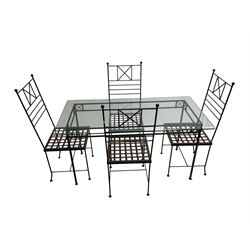 Wrought metal garden or conservatory dining table, rectangular glass top; and four wrought metal chairs, ladder back with lattice seat