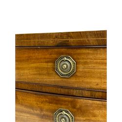 George III inlaid mahogany bow-front chest, fitted with four graduating drawers, octagonal plate and loop handles, shaped apron and splayed bracket feet